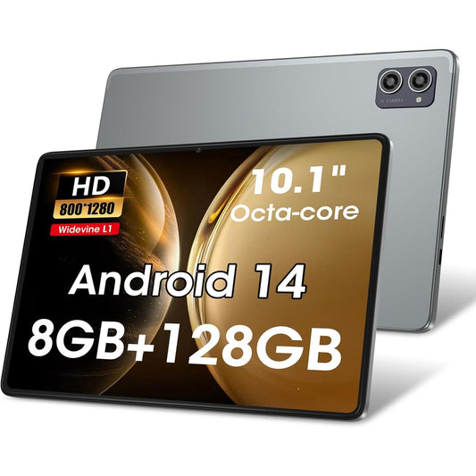 Tablet Android 14 | Actualizada 2025 | Procesador octa-core de 10.1" | 8 GB de RAM 128 GB de ROM | Cámara dual | Color: gris metálico