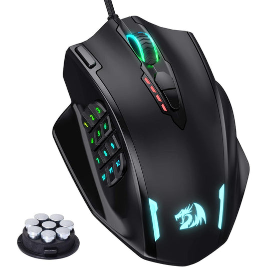 Redragon M908 Impact – Mouse Gamer MMO con Retroiluminación RGB, 12 Botones Laterales, 18 Macros Programables y Sensor Óptico de Alta Precisión, 12.400 DPI, Cableado, Negro