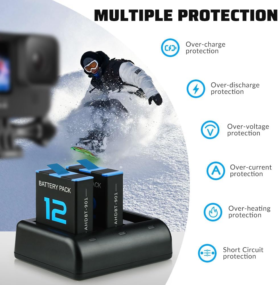 Pack de 2 Baterías 1800 mAh para GoPro Hero 12/11/10/9 + Cargador Rápido USB-C de 3 Ranuras con Estuche Protector
