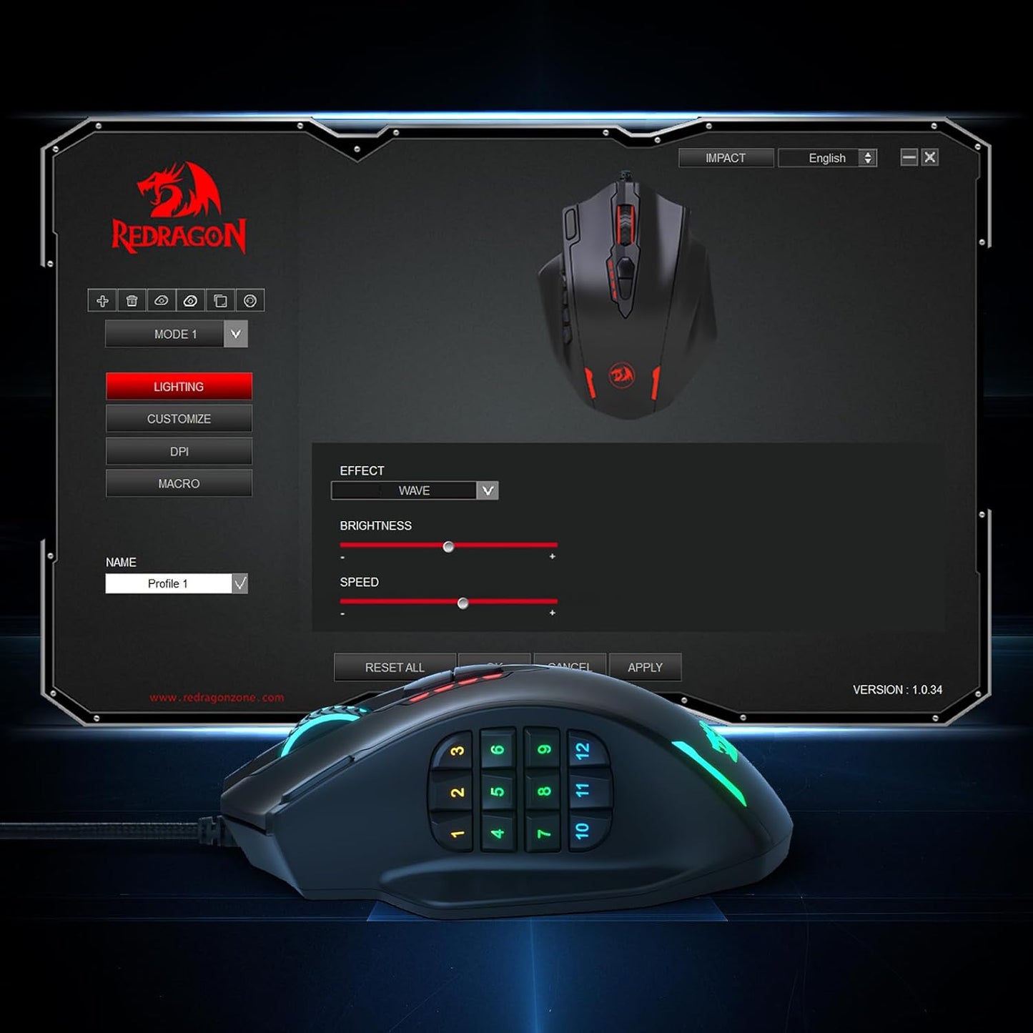 Redragon M908 Impact – Mouse Gamer MMO con Retroiluminación RGB, 12 Botones Laterales, 18 Macros Programables y Sensor Óptico de Alta Precisión, 12.400 DPI, Cableado, Negro