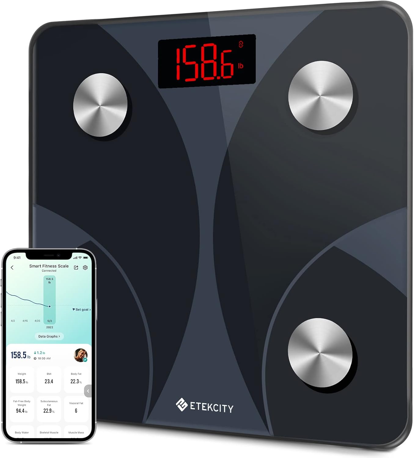 Báscula Inteligente Digital con Bluetooth – Balanza de Baño con BMI, Grasa Corporal, Masa Muscular y 13 Métricas – Compatible con Apple Health, FitBit, Google Fit y Samsung Health – Capacidad 180kg / 400lb