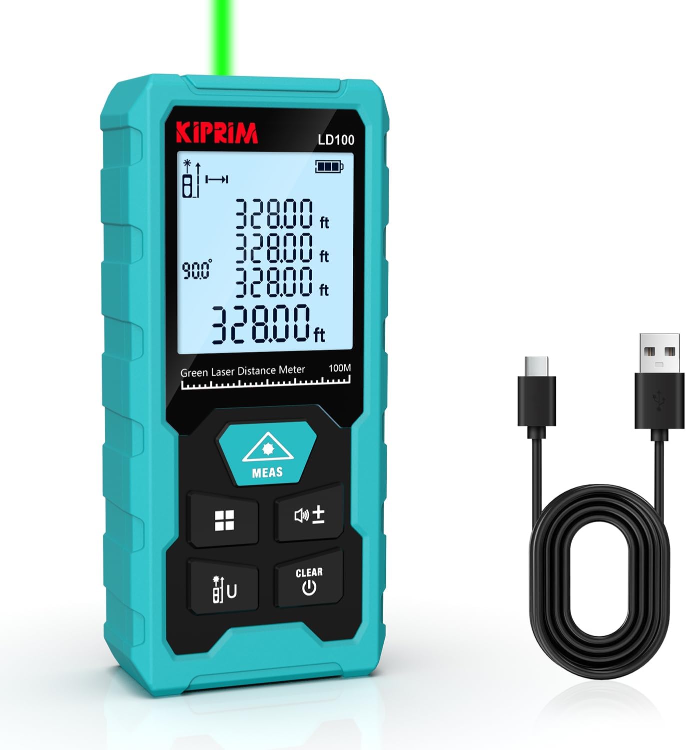 Medidor Láser Verde LD100, 328ft / 100M, Recargable USB-C, Alta Precisión ±2mm, Nivel Electrónico, 10 Funciones, Memoria 99 Datos, IP54