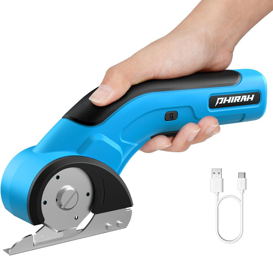 Cortador de Cartón Eléctrico PHIRAH 4V Inalámbrico | Tijera Eléctrica Recargable para Cartón, Alfombra, Cuero, Plástico y Papel | Batería 2000mAh y Bloqueo de Seguridad