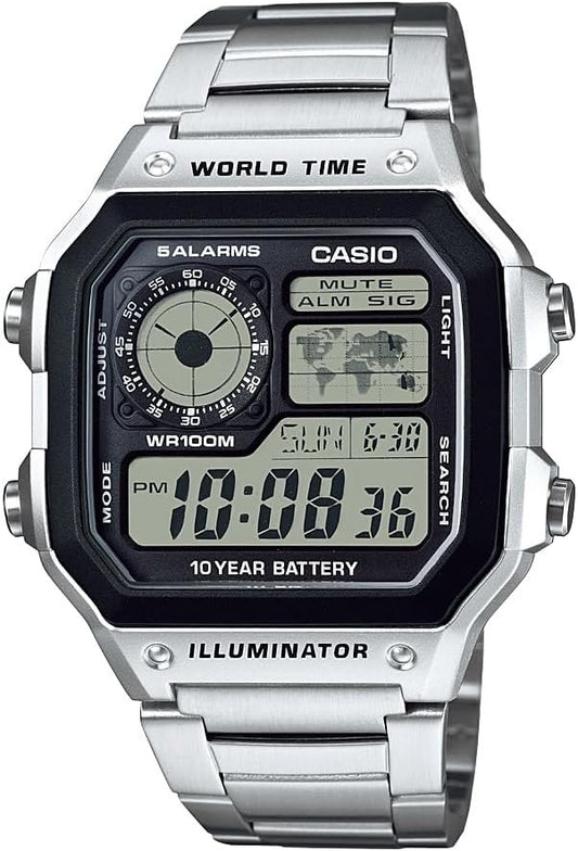 AE1200WH Series | Men’S Digital Watch | 100M WR | Multi Alarms | 100 SEC Stopwatch | Countdown Timer | World Map for World Time | LED Light | LC Analog Display | 10 Year Battery