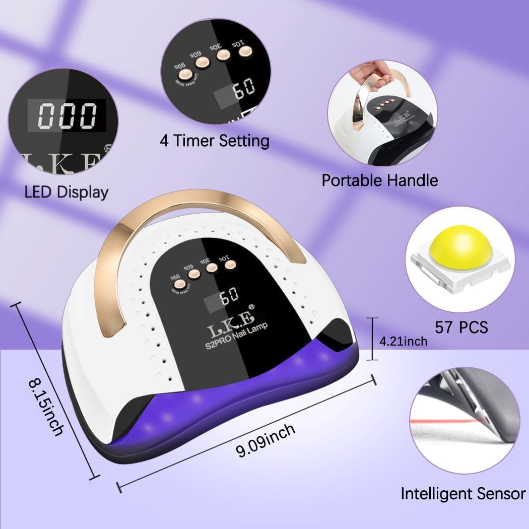 Lámpara de uñas LED UV de 268 W | 4 temporizadores | Luz profesional de uñas | 57 cuentas de lámpara | Sensor automático (blanco)