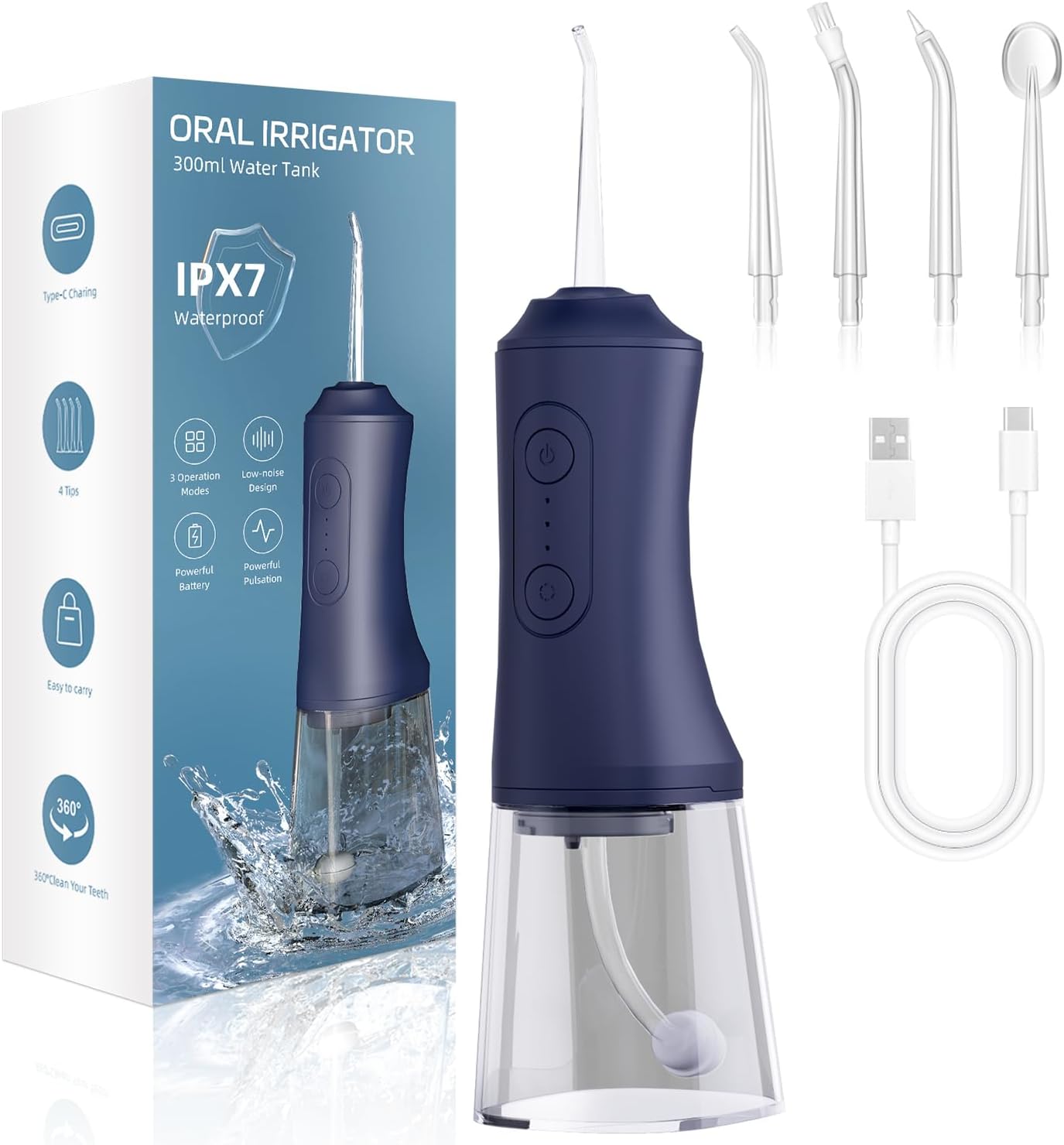 Irrigador Dental Portátil 300ML | Water Flosser Recargable IPX7 | Limpieza Profunda, 3 Modos, 45 Días de Batería | Uso en Casa y Viaje