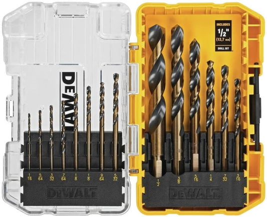 Juego de Brocas DEWALT 14 Piezas, Punta de 135°, Acero Rápido HSS, Revestimiento Negro y Dorado, Alta Durabilidad para Madera, Plástico y Metal (DWA1184)