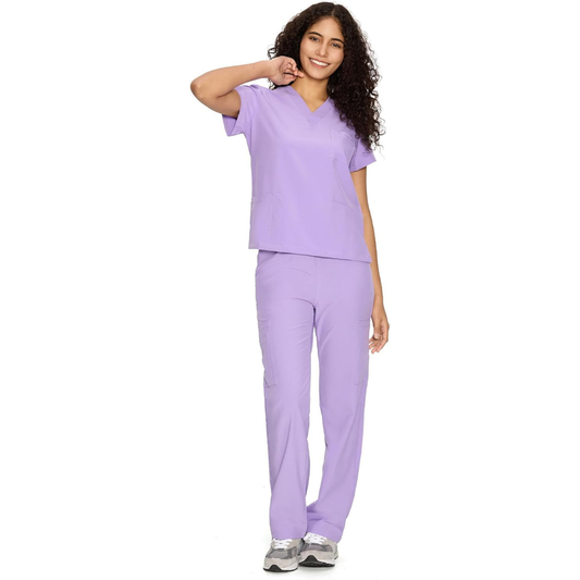 Set Uniforme Médico | Camiseta con Cuello en V y Pantalones de Pierna Recta con Bolsillos | Ropa de Trabajo Unisex | Color: Lavanda