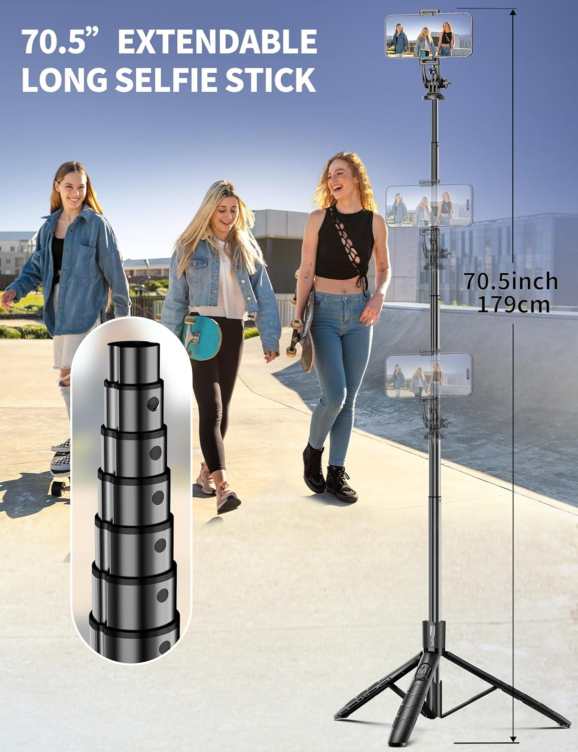 Trípode de Celular de Aluminio 71" con Control Remoto — Selfie Stick 2-en-1, Extensible, Rotación 360°, Compatible iPhone 15/14/13/Android/Cámara