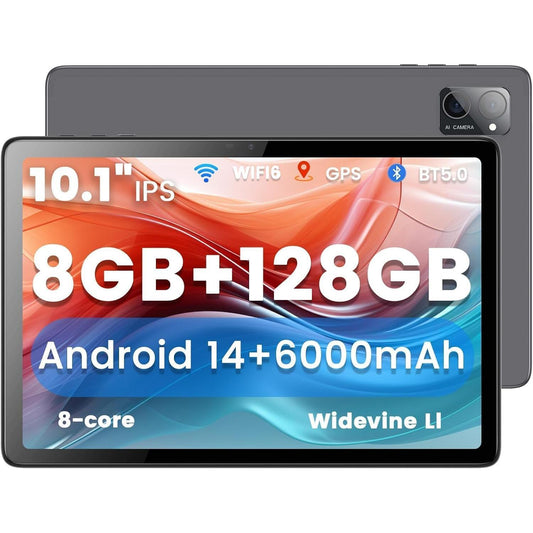 Tablet de 10.1" | Tableta de computadora de 8 GB 128G | Pantalla táctil IPS de 1280 x 800 | Cámara dual de 5+8 MP, Bluetooth, GMS, WiFi | Color: gris metálico