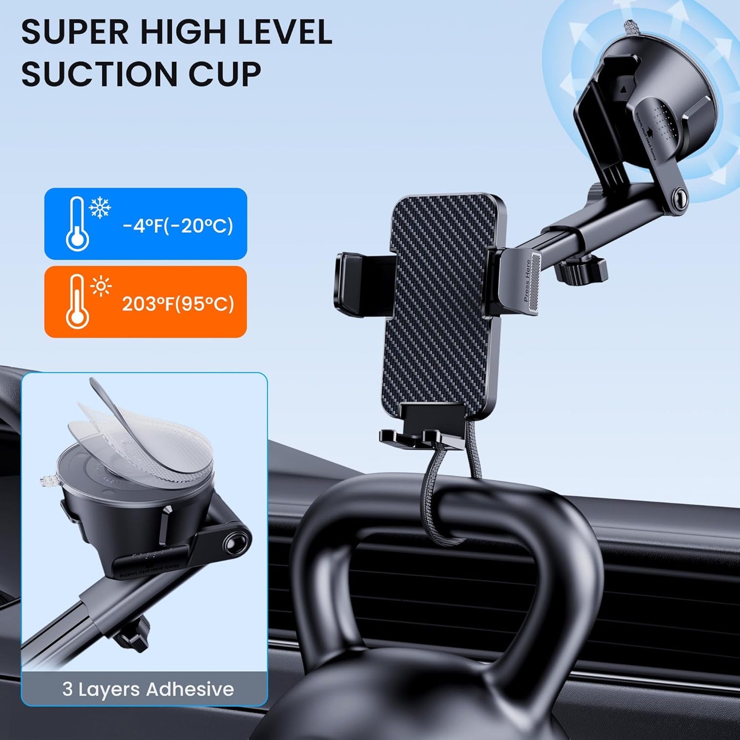 Soporte de Celular para Auto 3-en-1 GUWEZ (2025) — Ventosa Grado Militar, Tablero / Parabrisas / Rejilla | Rotación 360° & Brazo 270° | iPhone & Android (4.0″–7.1″)