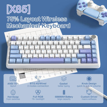 Teclado mecánico inalámbrico para juegos con perilla intercambiable | ATTACK SHARK X85 | Color: Blanco
