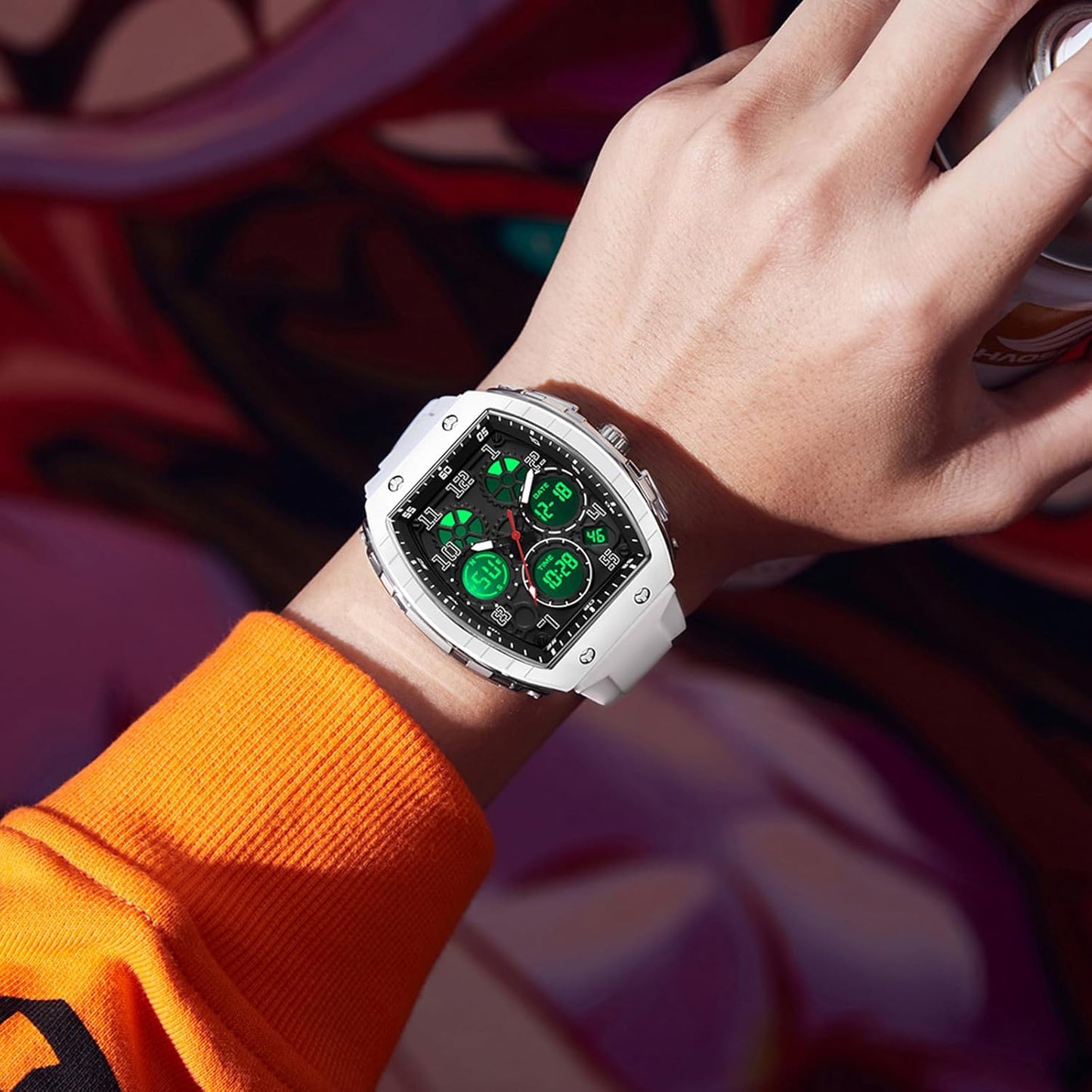 Reloj para Hombre Rectangular (Blanco) — Analógico + Digital, Doble Hora, Cronómetro, Cuenta Regresiva, 5 ATM, Estilo Punk, Correa de Silicona