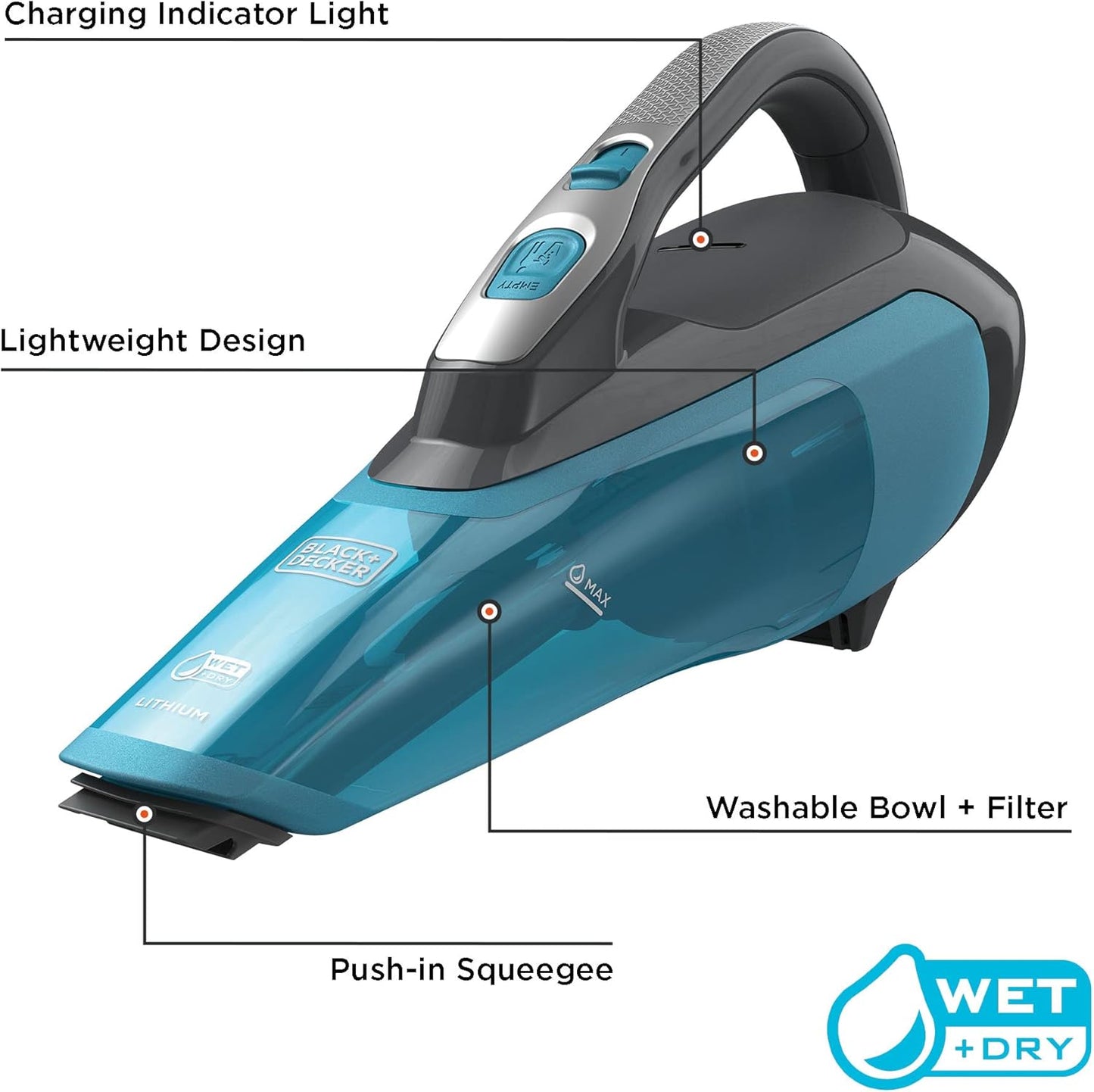 Aspiradora de Mano Inalámbrica Dustbuster AdvancedClean Wet/Dry, Filtro Lavable, Batería de Litio, con Squeegee para Líquidos – Titanium (HLWVA325J21)