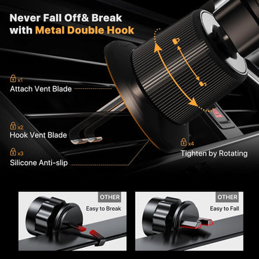 Soporte de Celular para Auto con Gancho Metálico — Rejilla de Aire | Operación con Una Mano | Rotación 360° | Universal iPhone/Android (Negro)
