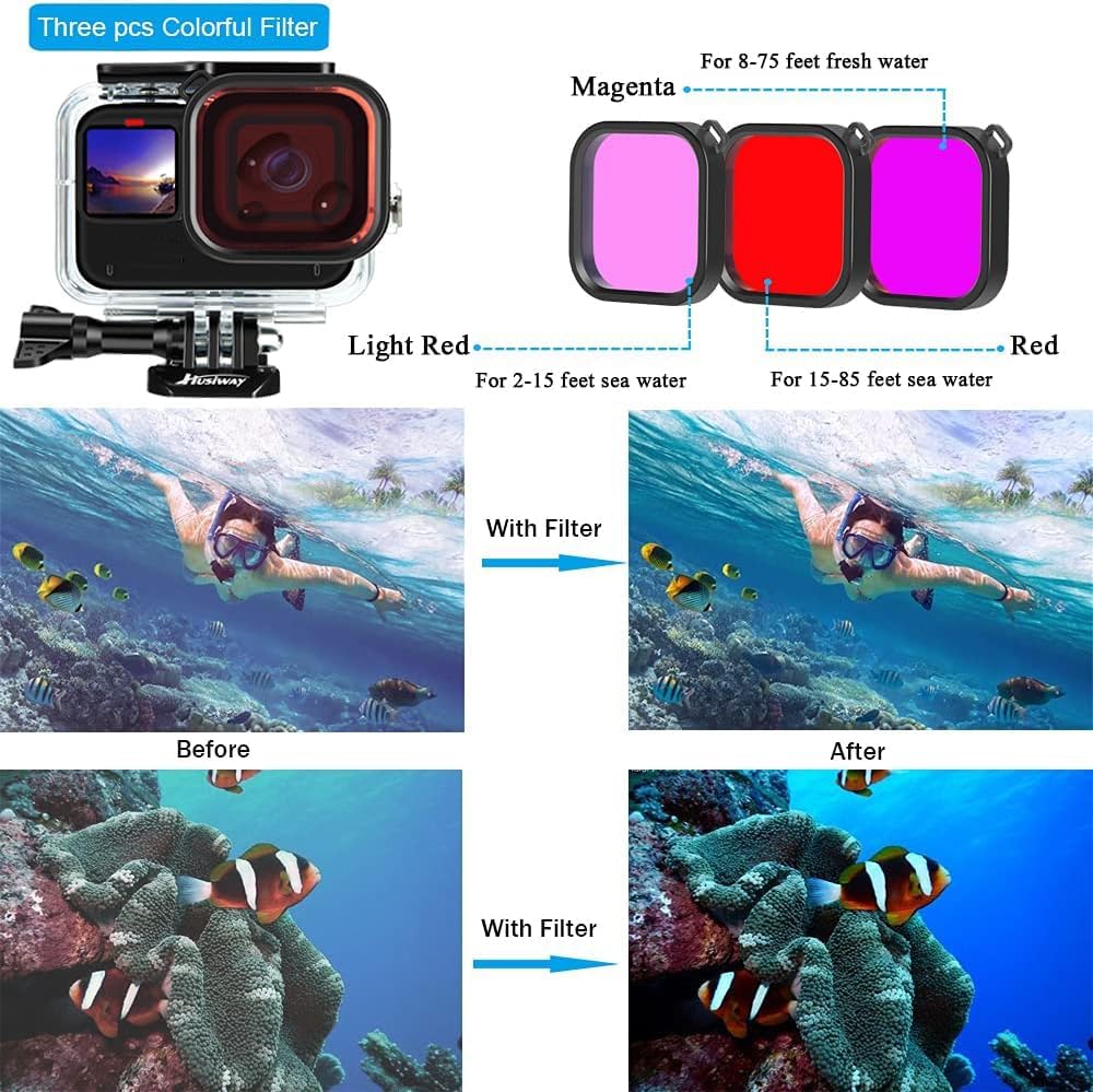 Kit de Accesorios 62-en-1 para GoPro Hero 13/12/11/10/9 Black — Carcasa Sumergible, Funda de Silicona, Protectores de Vidrio, Palo Selfie de Aluminio y más (Husiway)