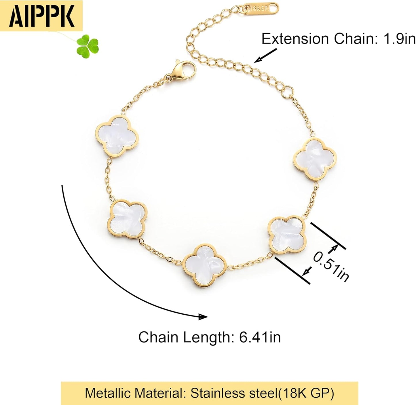 Pulsera Trébol de la Suerte para Mujer | Baño de Oro 18K con Flor Cuatro Hojas Blanco/Negro/Rojo/Verde | Joyería Elegante y Moderna