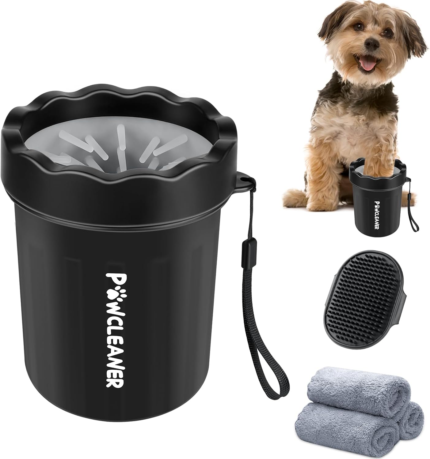 Limpiador de Patas para Perros y Gatos | Vaso con Cepillo de Silicona Suave + 3 Toallas Absorbentes | Disponible en Talles S, M y L