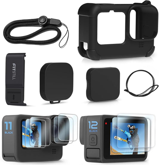 Kit de Funda de Silicona para GoPro Hero 12/11/10/9 Black + Protectores de Pantalla y Lente + Puerta Lateral con Acceso de Carga (Color: Negro)