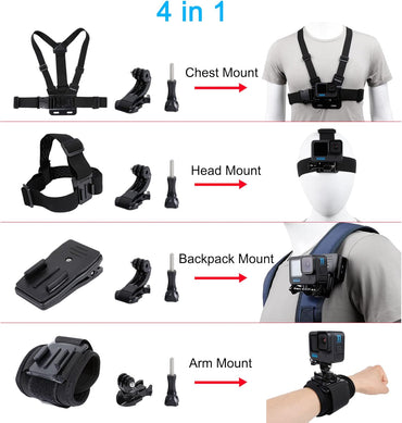 Kit de Accesorios con Quick Release para GoPro Hero 13/12/11/10/9/8/7/6/5/4 — Arnés de Pecho + Cinta de Cabeza + Clip de Mochila + Correa de Muñeca 360°