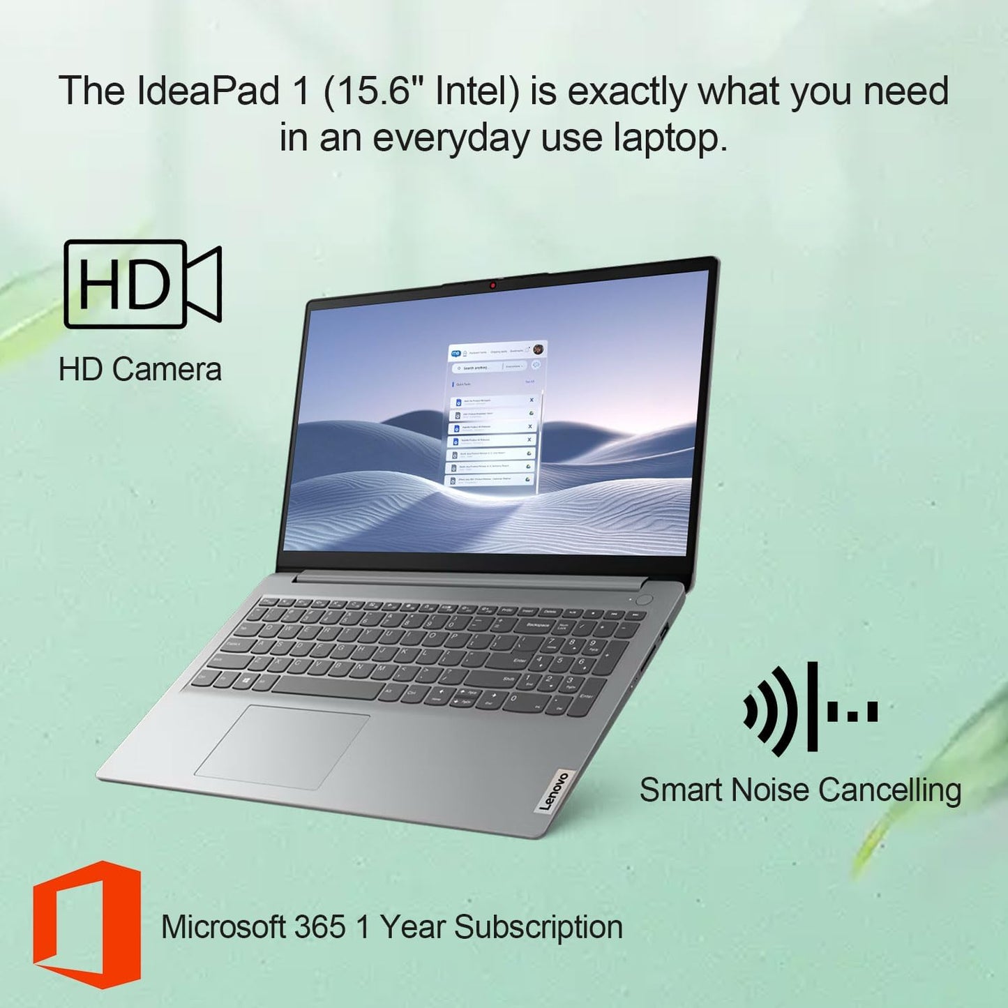 Ideapad 1 Home Laptop, 15.6" FHD Display, Intel Celeron Dual Core Processor, 8GB RAM, 384GB Storage(128Gb Emmc + 256GB Pcie), 1 Yr Office 365, Wi-Fi 6, W11H, Additional 1 Yr ADP