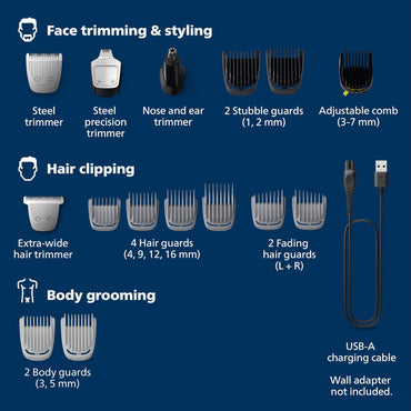 Philips Norelco Multigroom Series 5000 (MG5910/49) | 18 en 1 para Barba, Cabello, Cuerpo e Íntimo – Sin aceite