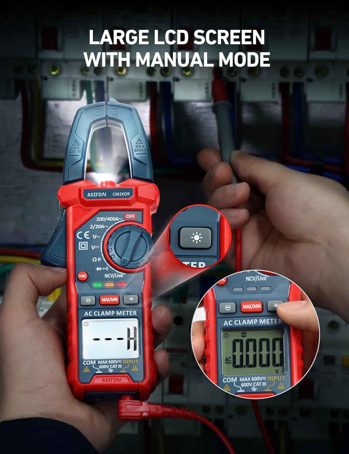 Multímetro Digital de Gancho – TRMS 2000 Cuentas Auto-Rango, Voltaje AC/DC, Corriente AC, Resistencia, Capacitancia, Continuidad, Diodo y NCV Detector de Cables Vivos – Pantalla Retroiluminada & Linterna (CM2K0R, Azul)