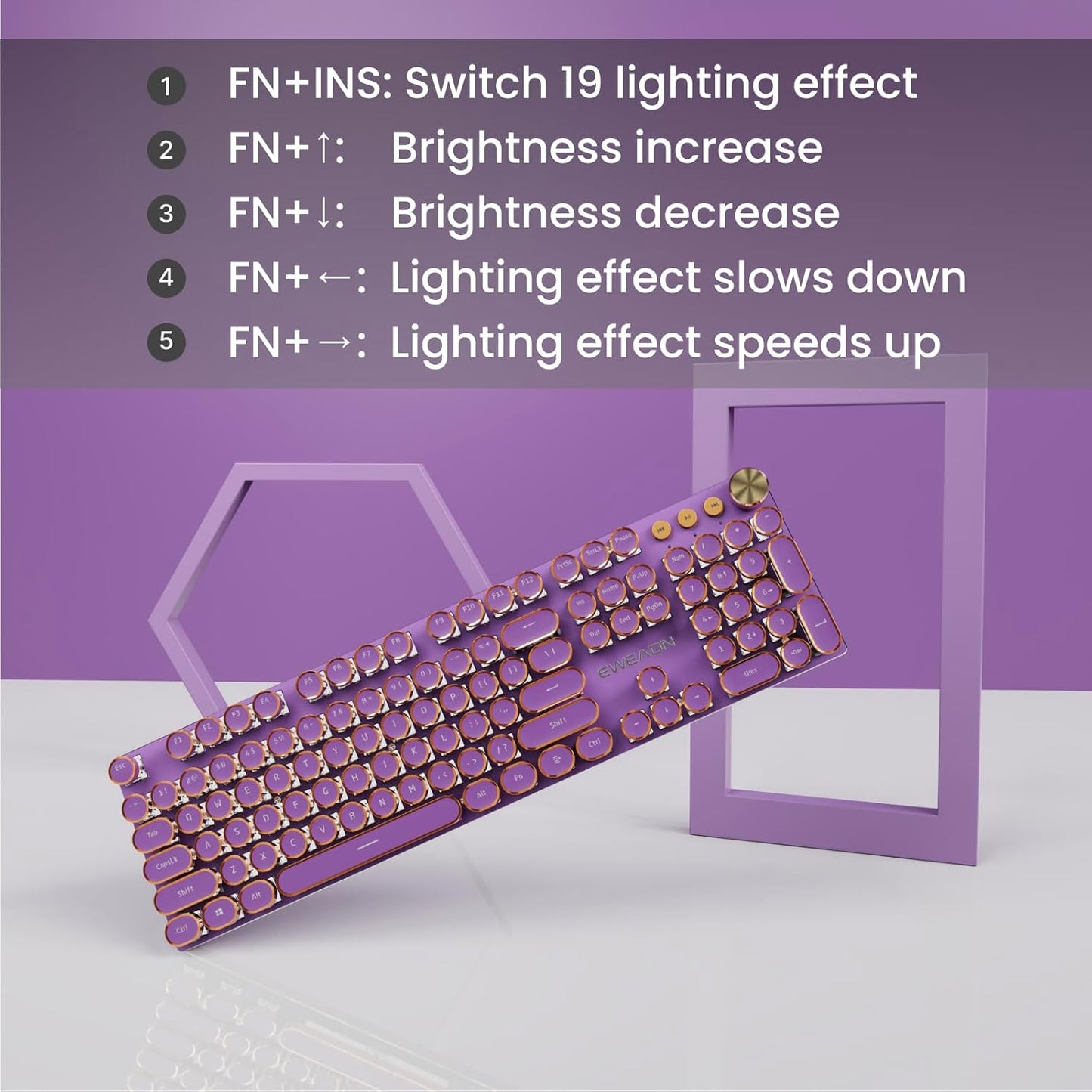 Teclado inalámbrico | 104 teclas estilo máquina de escribir mecánico con retroiluminación blanca | Perilla multimedia | Bluetooth/USB-C