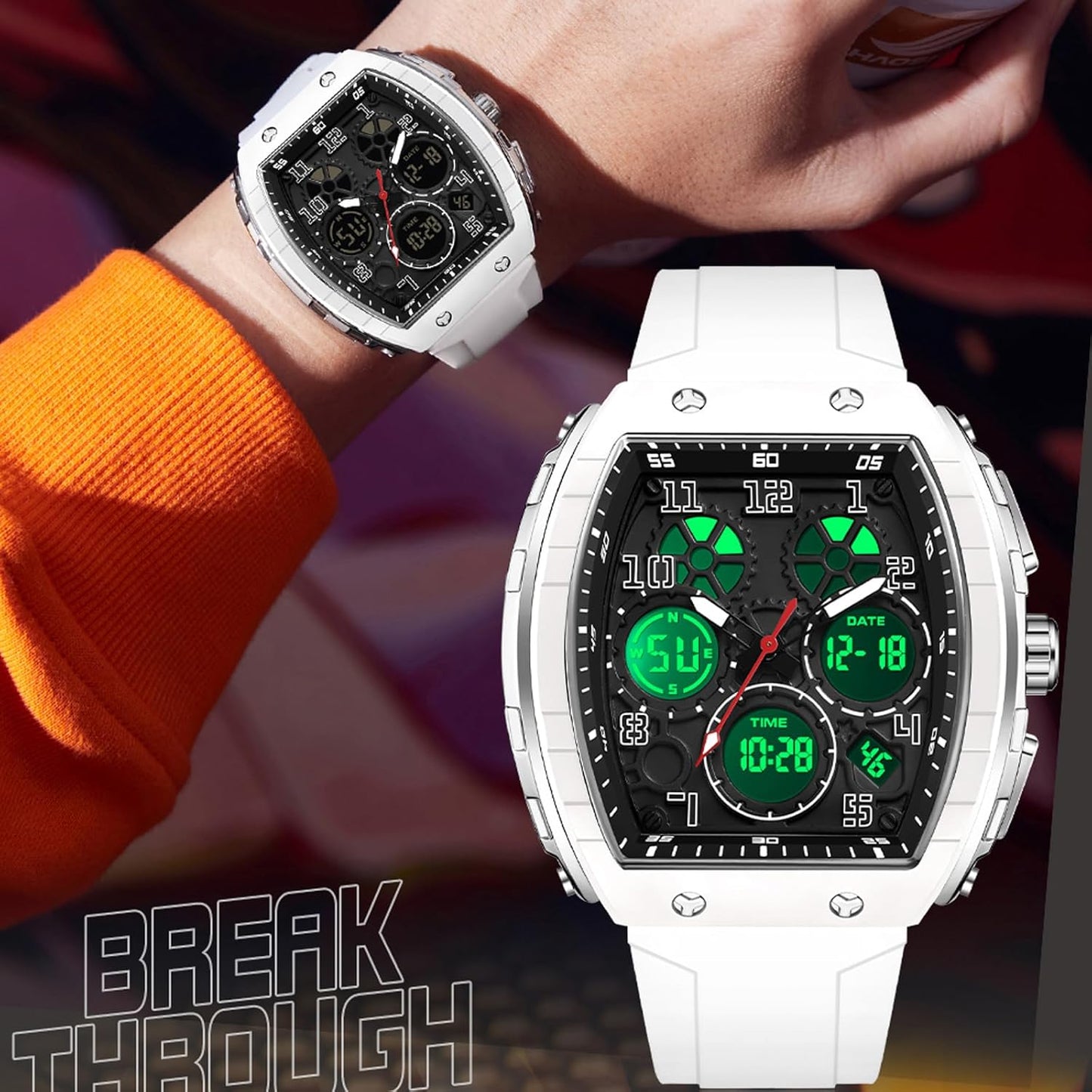 Reloj para Hombre Rectangular (Blanco) — Analógico + Digital, Doble Hora, Cronómetro, Cuenta Regresiva, 5 ATM, Estilo Punk, Correa de Silicona