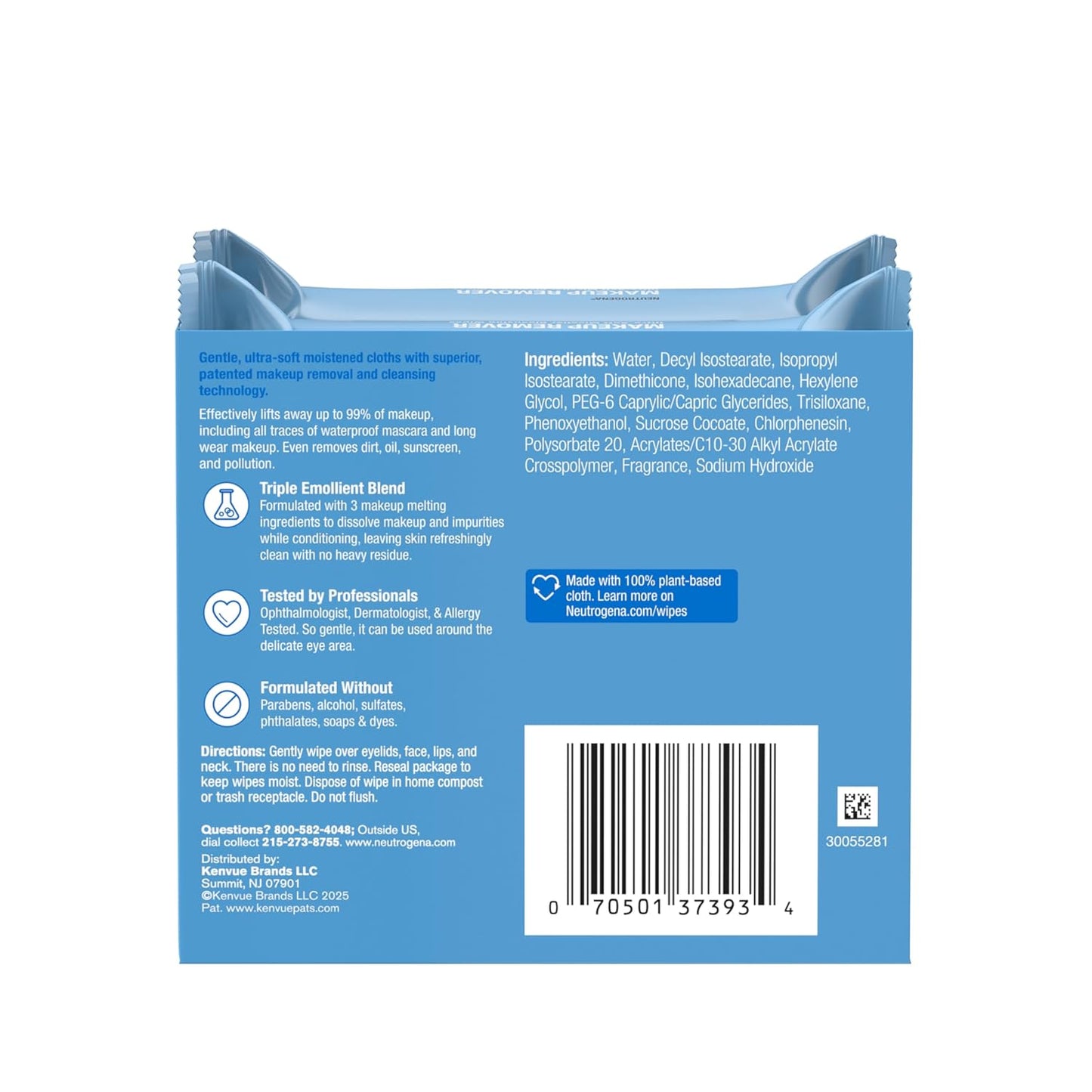 Neutrogena - Toallitas faciales desmaquillantes, ultrasuaves para maquillaje resistente al agua, sin alcohol, a base de plantas, paquete doble, 25 unidades, paquete de 2