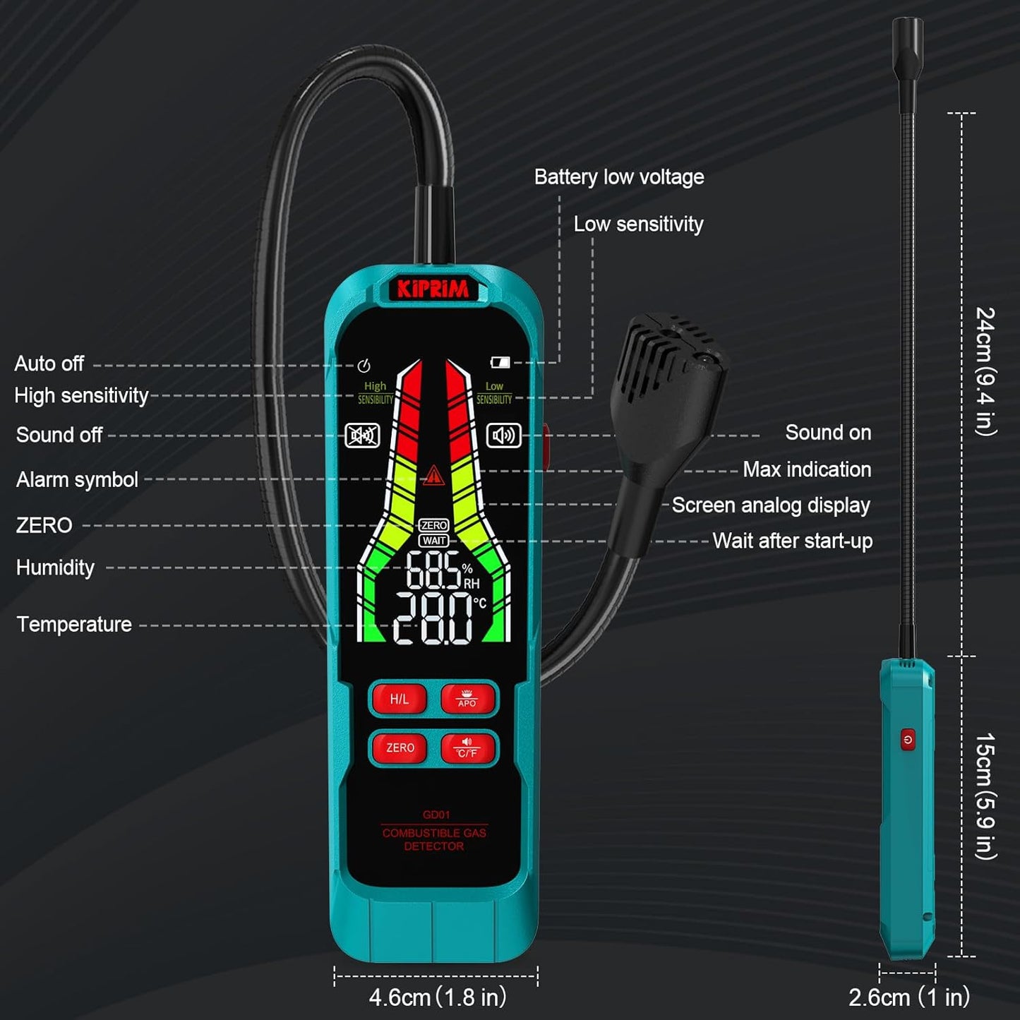 Detector de Fugas de Gas Kiprim GD01, Alta Sensibilidad con Sonda Flexible de 9,4", Alarma Visual y Sonora, Portátil para Propano, Metano y Gas Natural – Uso en Hogar y RV