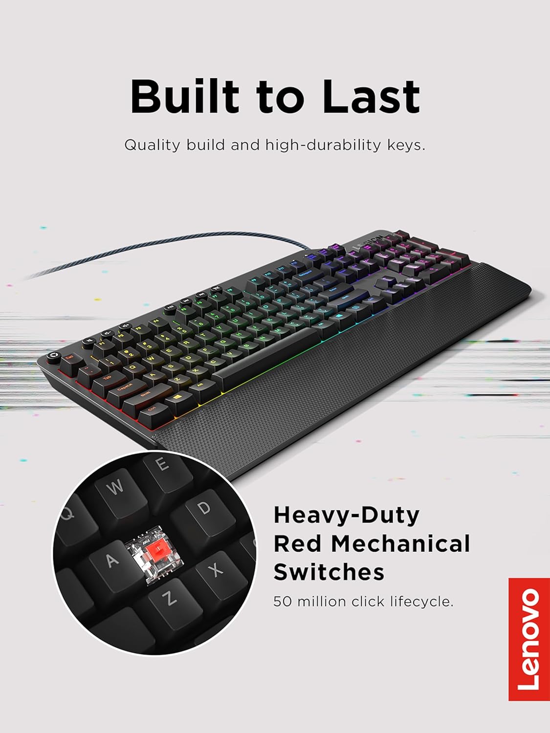Lenovo Legion K500 Teclado Mecánico Gamer RGB – Diseño Minimalista, Switches Rojos, Descanso para Muñeca Desmontable