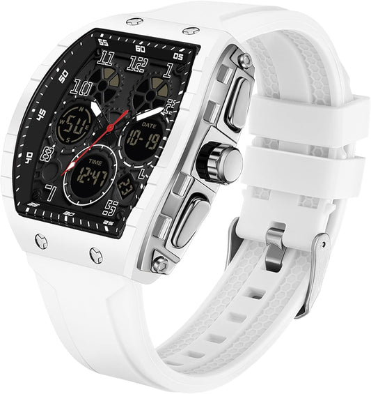 Reloj para Hombre Rectangular (Blanco) — Analógico + Digital, Doble Hora, Cronómetro, Cuenta Regresiva, 5 ATM, Estilo Punk, Correa de Silicona