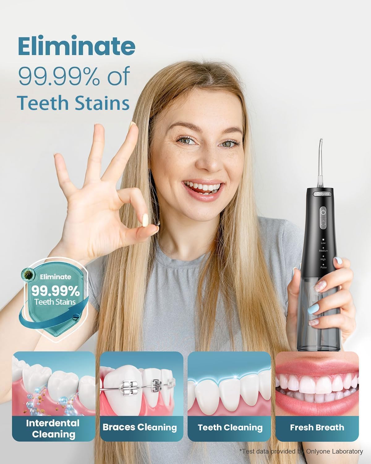 Onlyone Irrigador Dental Portátil – 300ML Limpiador Bucal Recargable, 4 Modos & 5 Boquillas, Flosser Eléctrico para Dientes, Resistente al Agua IPX7, Uso en Casa y Viaje (Negro)