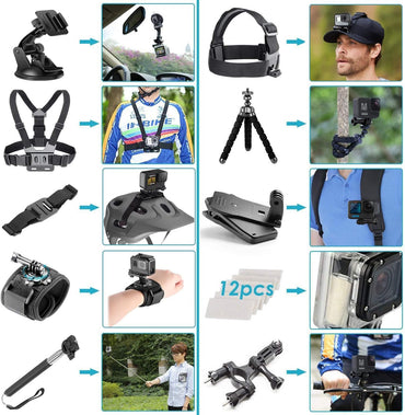 GoPro Hero Compact Waterproof Action Camera con 4K, fotos 12MP, estabilización + tarjeta 128GB, lector de tarjetas y kit de 50 accesorios – Bundle completo