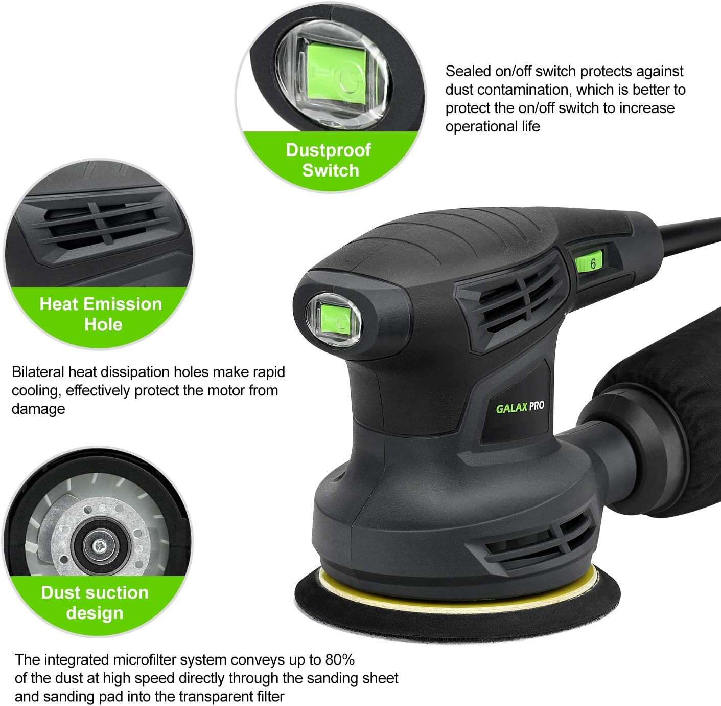 Lijadora Orbital 280W, 13.000 OPM con 6 Velocidades Variables – Lijadora Eléctrica de 5” con Colector de Polvo y 15 Discos de Lija – Para Madera, Metal y Plástico