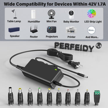 Cargador de cable de alimentación de 42V 1.7A 1.5A 1A 0.5A DC en adaptador de 42V | 10 tomas intercambiables | Fuente de alimentación 42V | 1700 mA 1600 mA 1500 mA