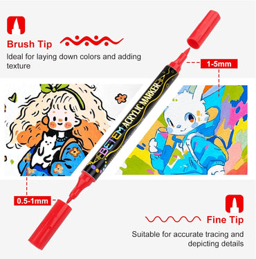 Marcadores de pintura acrílica | Punta doble | 48 colores | Con punta de pincel y punta fina | Apto para papel, madera, lienzo, piedra, vidrio, kit de pintura de roca