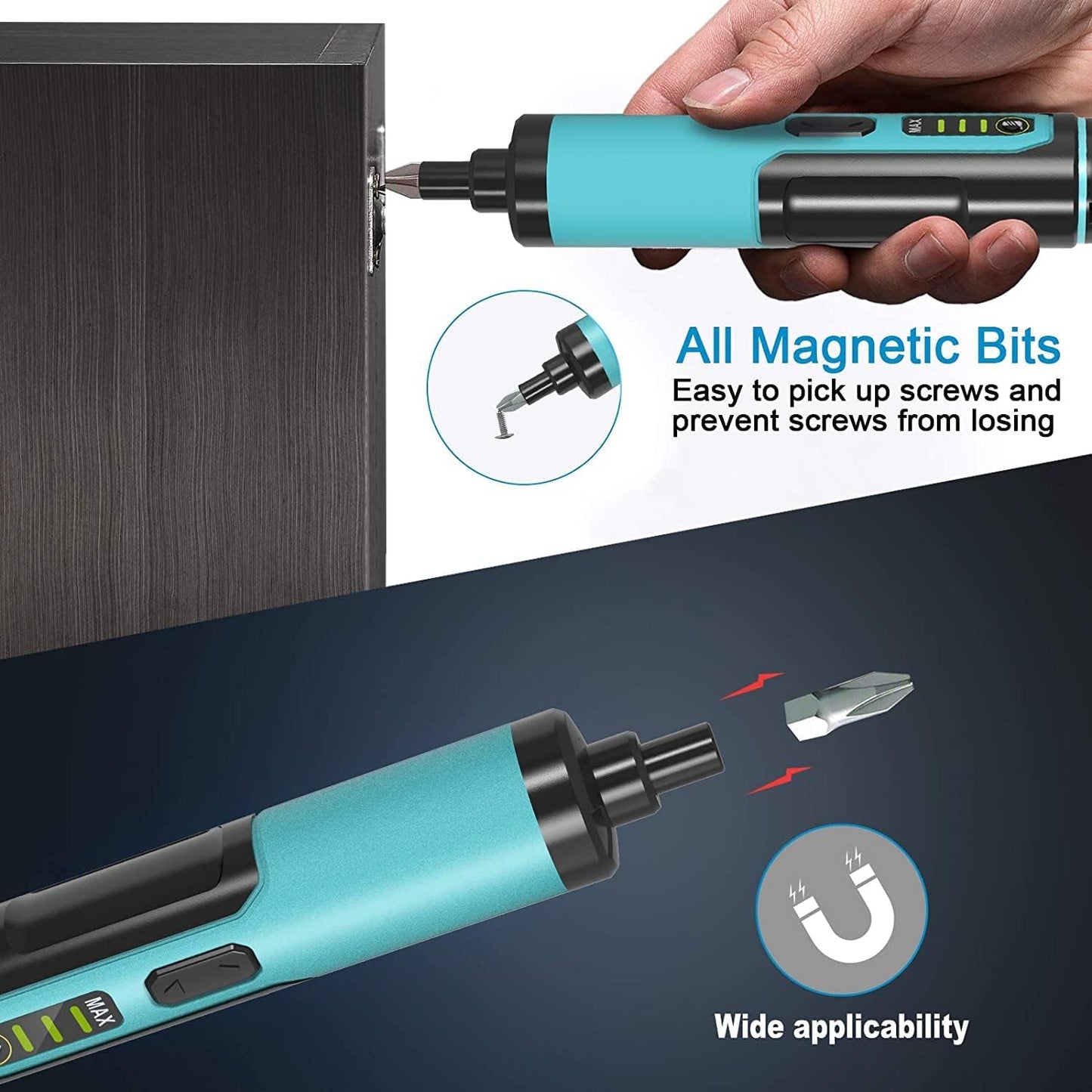 Destornillador Eléctrico Kiprim 4V Recargable, Torque Ajustable, 33 Puntas Magnéticas + 2 Brocas, Doble Linterna LED, Maletín y Cable Tipo-C