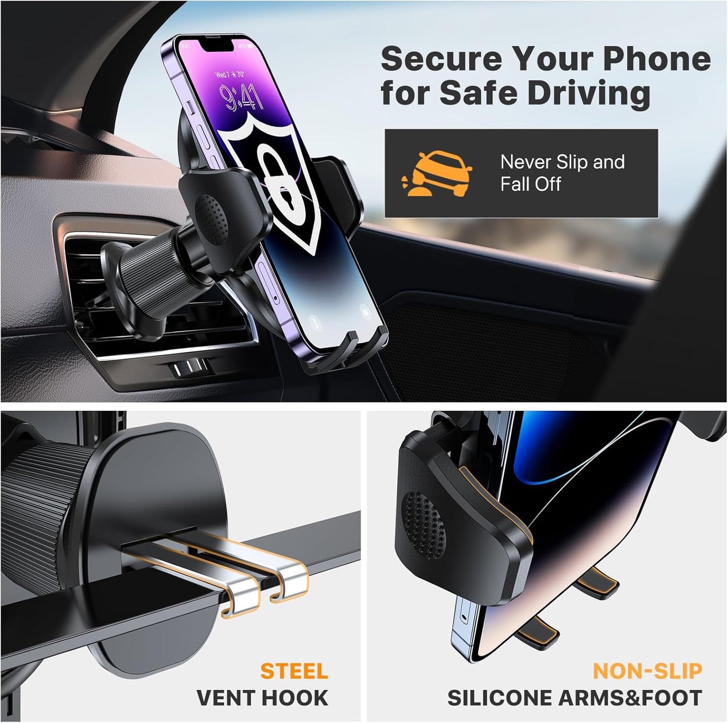 Soporte de Celular para Auto con Gancho Metálico — Rejilla de Aire | Operación con Una Mano | Rotación 360° | Universal iPhone/Android (Negro)