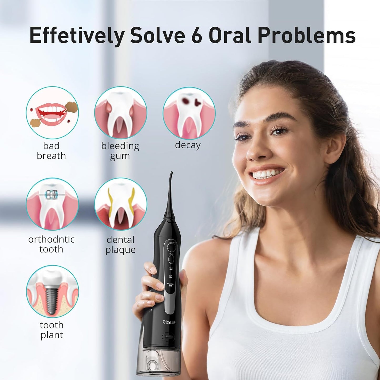 COSLUS Irrigador Dental Portátil – 300ML Flosser Eléctrico Recargable, 3 Modos & 5 Boquillas, Batería de 30 Días, Resistente al Agua IPX7 para Limpieza Dental y Salud de las Encías (Negro)