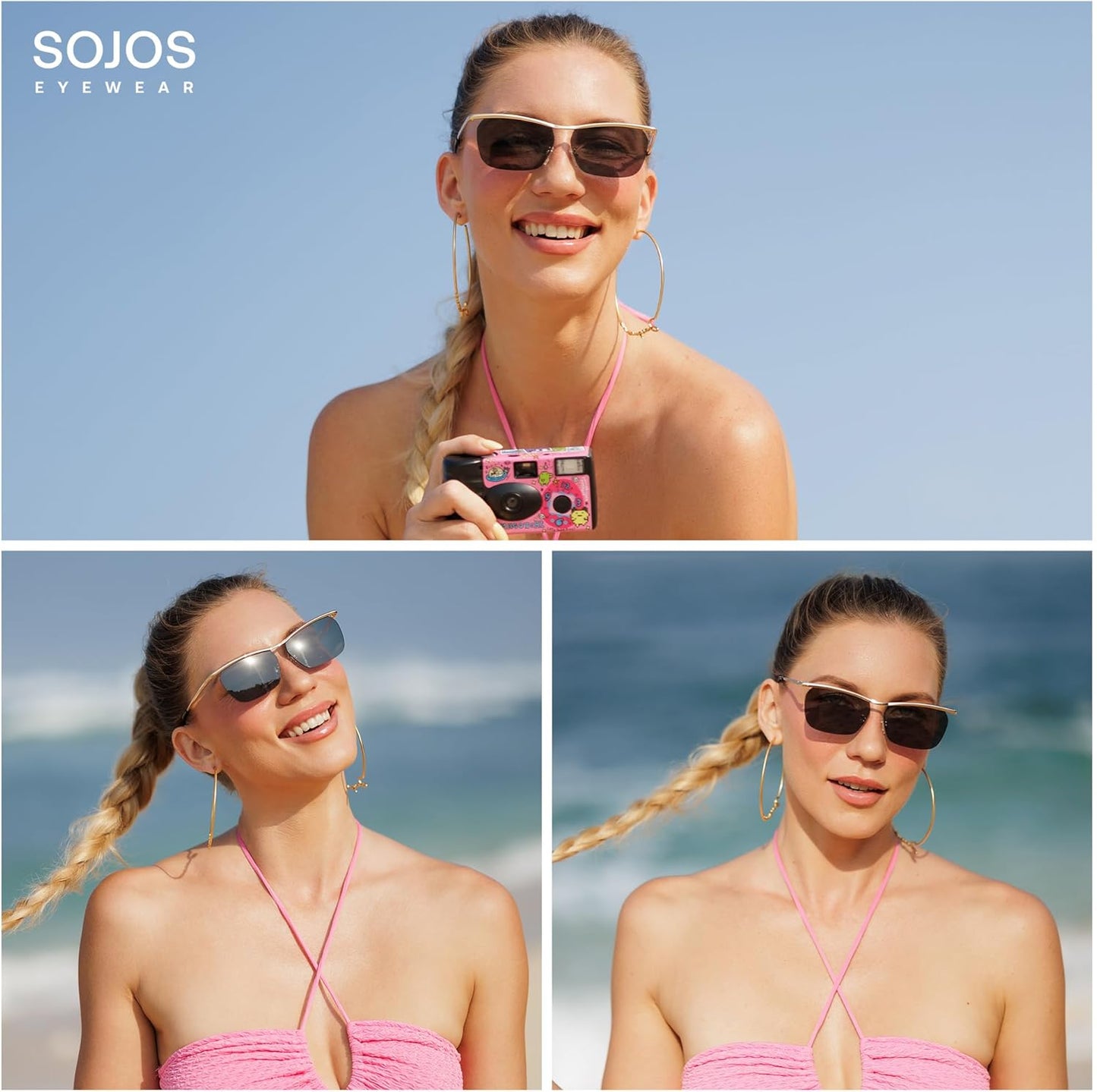 Trendy Rectangle Cat Eye Semi-Rimless Sunglasses Womens, Retro Fashion Vintage Shades UV400 Protection SJ1253