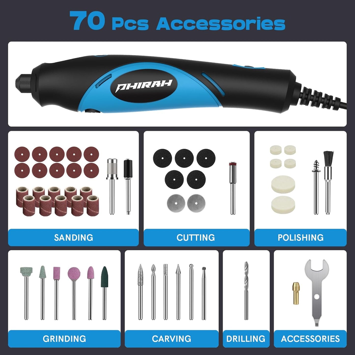 Herramienta Rotativa Eléctrica 18V PHIRAH – Mini Rotary Tool Kit con 5 Velocidades, 70 Accesorios, Multiuso para Lijar, Pulir, Tallar, Cortar y Perforar – Kit de Manualidades DIY