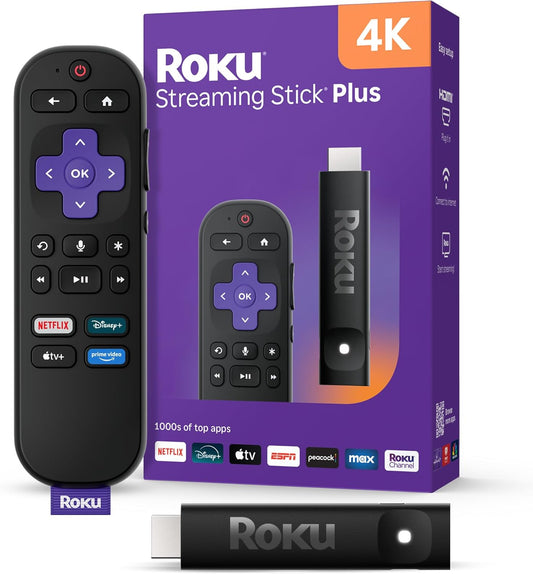 Roku Streaming Stick Plus 2025 | Dispositivo de Streaming 4K HDR con Control Remoto por Voz, TV en Vivo & Gratuita, Compacto y Portátil