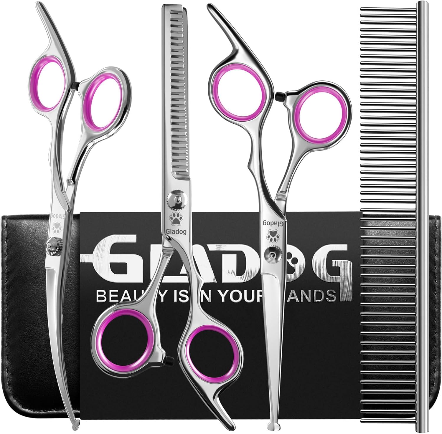 GLADOG Kit Tijeras de Grooming 5 en 1 para Perros y Gatos | Tijeras de Acero Inoxidable con Puntas Redondeadas + Peine y Estuche