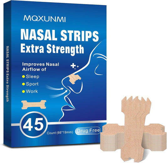 Tiras Nasales Antirronquidos – Pack x45 | Adhesivo Mejorado Resistente al Sudor y Grasa | +31% Flujo de Aire | Material Transpirable y Suave con la Piel