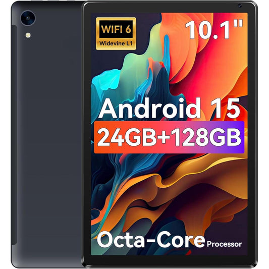 Tablet Android 10.1" Octa-Core, 24 GB RAM (4+20) + 128 GB, Wi-Fi 6, BT 5.0, Pantalla IPS HD, Batería 8 h | Android 15 (2025) – URAO