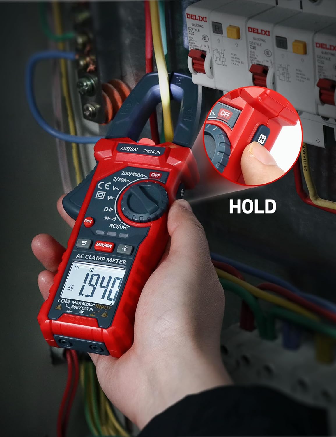 Multímetro Digital de Gancho – TRMS 2000 Cuentas Auto-Rango, Voltaje AC/DC, Corriente AC, Resistencia, Capacitancia, Continuidad, Diodo y NCV Detector de Cables Vivos – Pantalla Retroiluminada & Linterna (CM2K0R, Azul)