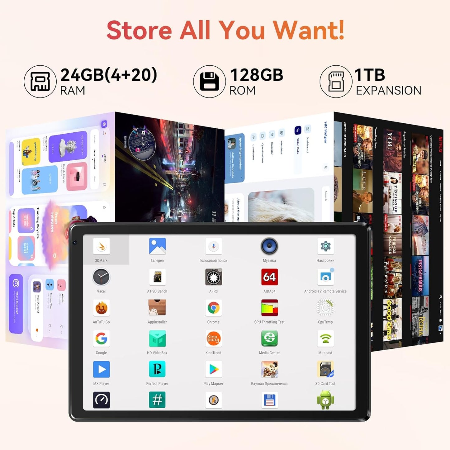 Tablet Android 10.1" Octa-Core, 24 GB RAM (4+20) + 128 GB, Wi-Fi 6, BT 5.0, Pantalla IPS HD, Batería 8 h | Android 15 (2025) – URAO