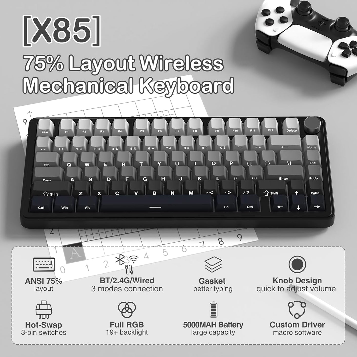 Teclado mecánico inalámbrico para juegos con perilla intercambiable en caliente